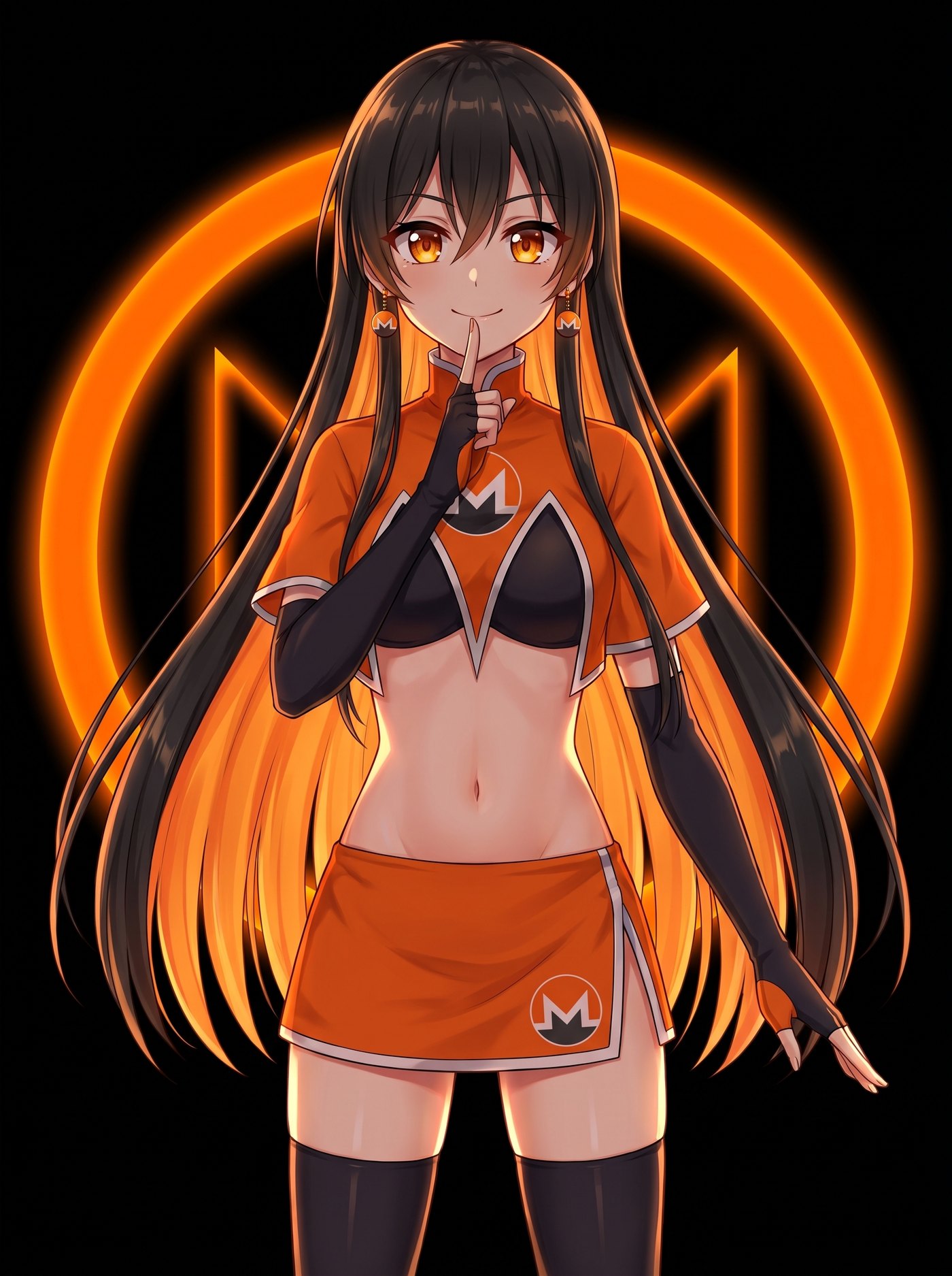 Key visual: Monero-chan facing the viewer with a finger raised to her lips, orange ring-signature circles behind her