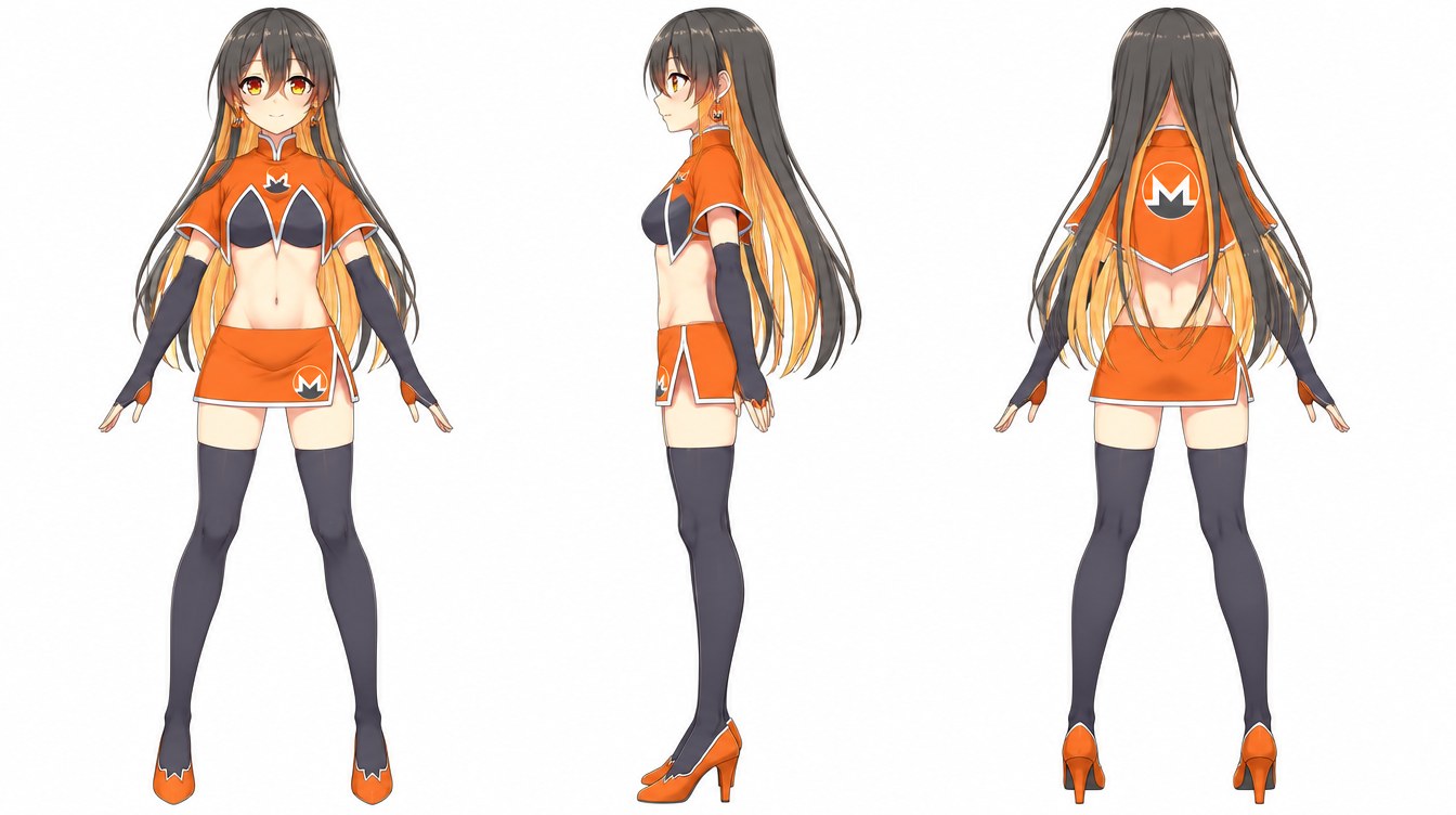 Monero-chan turnaround reference sheet: front, side and back views